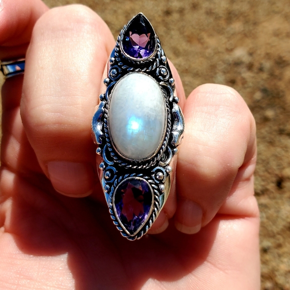 New Rainbow Moonstone & Amethyst 925 Silver Statement Ring. - Picture 13 of 16